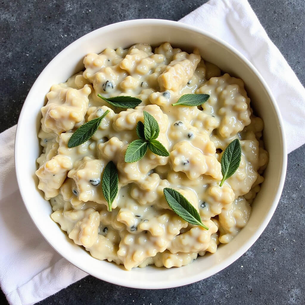 Creamy risotto base simmering with sage in a pan
