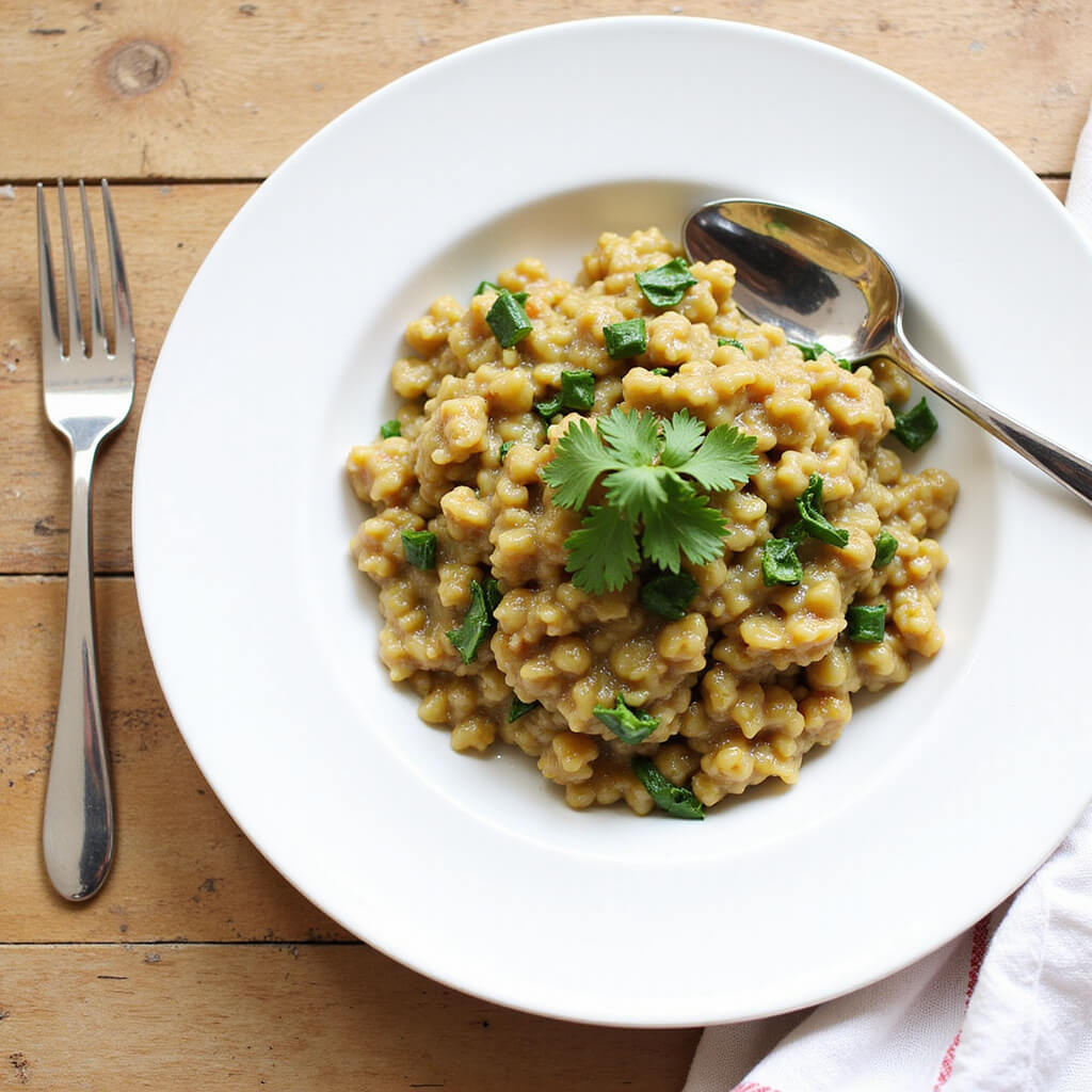 Final plating of vegan risotto garnished with herbs