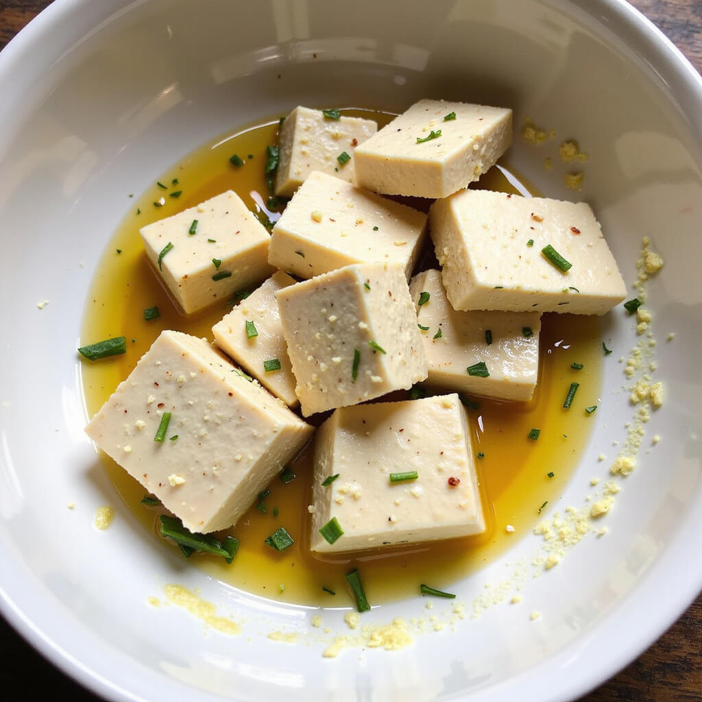 Process of marinating tofu to make vegan feta cheese