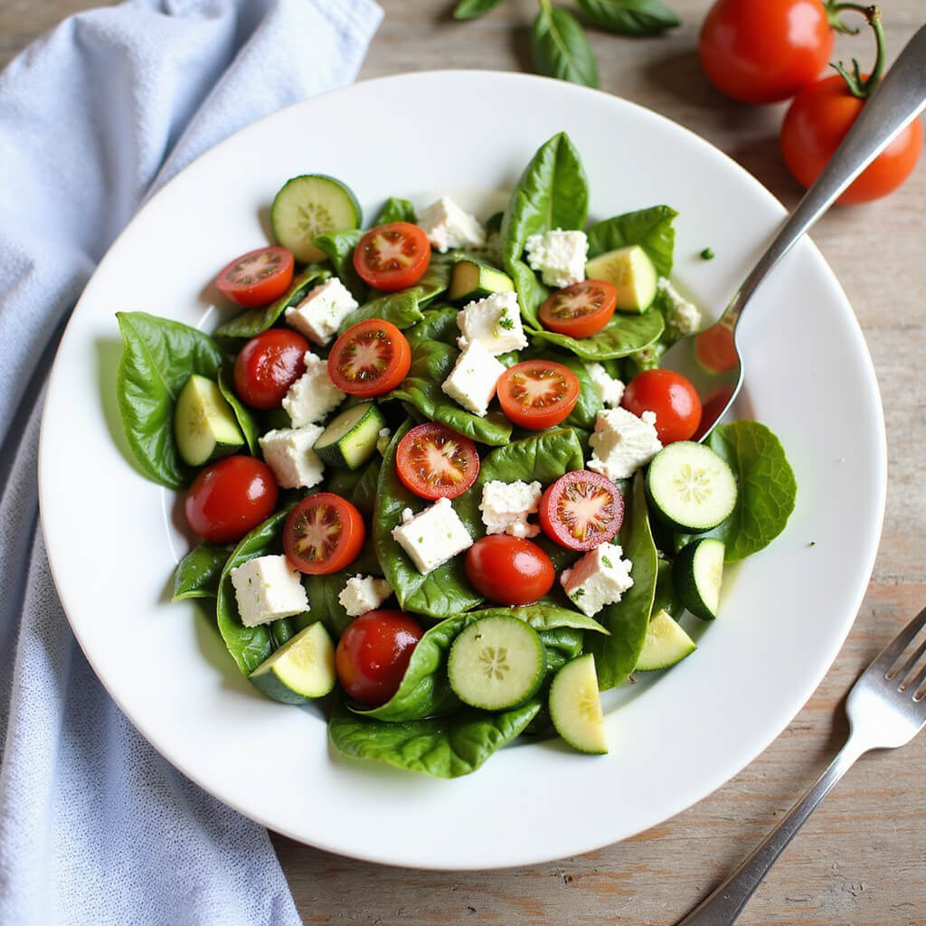 Vegan Greek salad beautifully presented in a white bowl