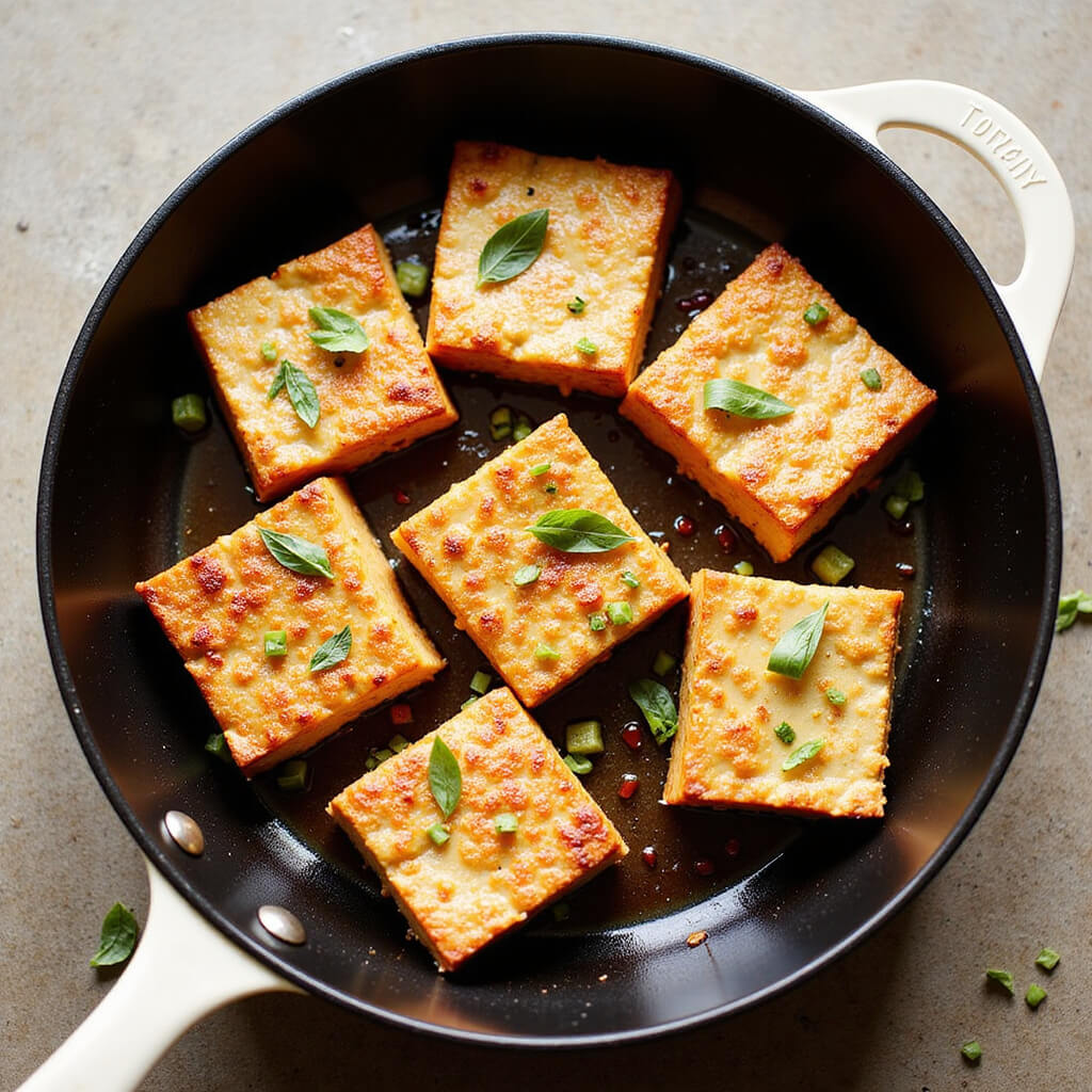 Golden crispy tofu sizzling in a skillet