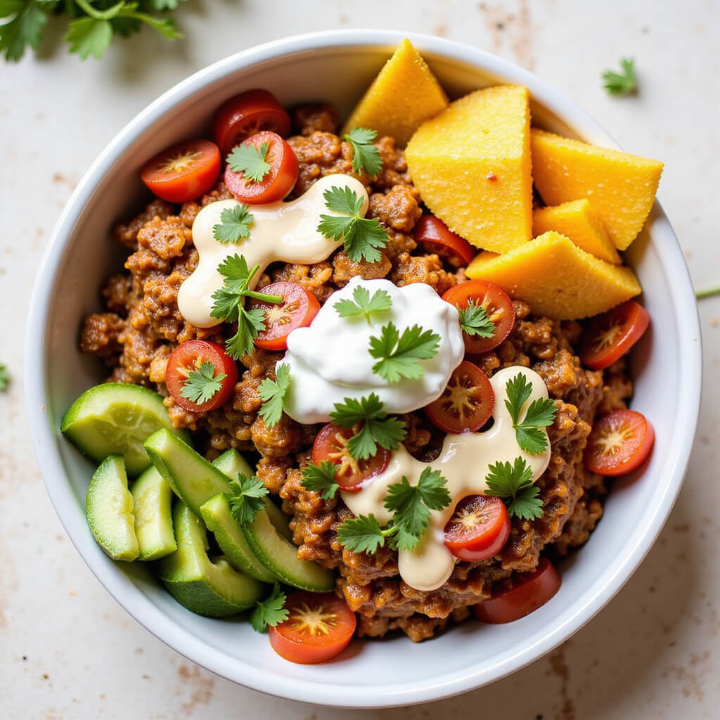 Colorful and appetizing assembled burrito bowl presentation