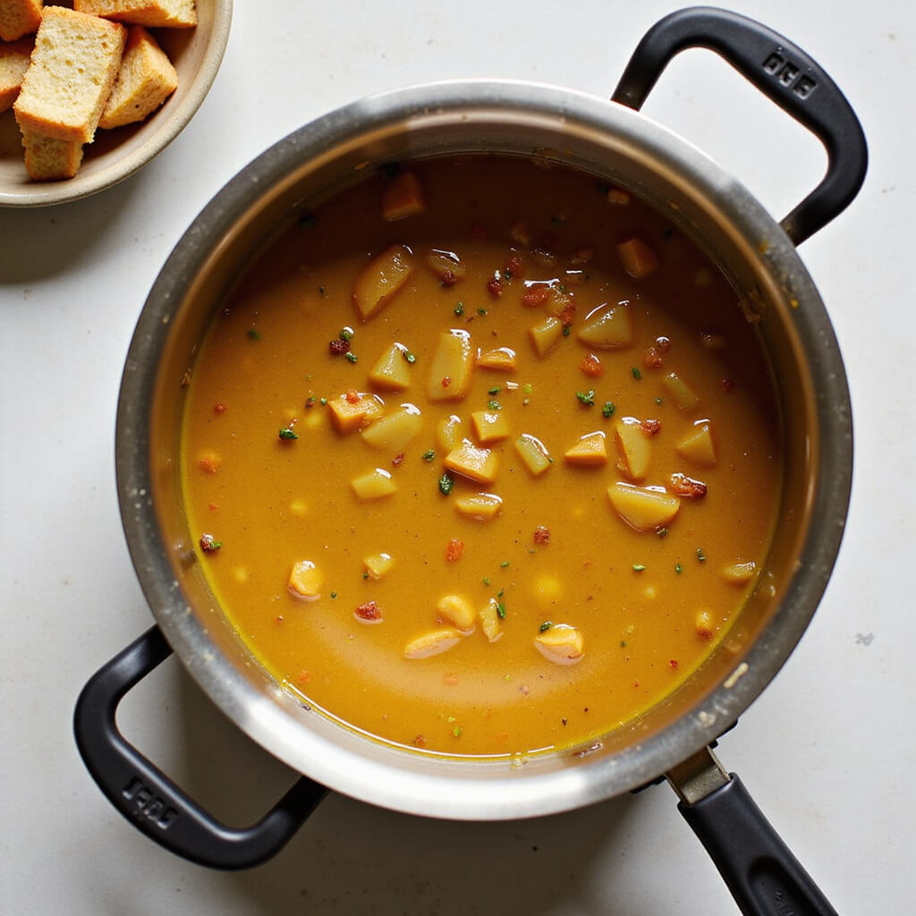 Simmering lentils in a pot of golden broth