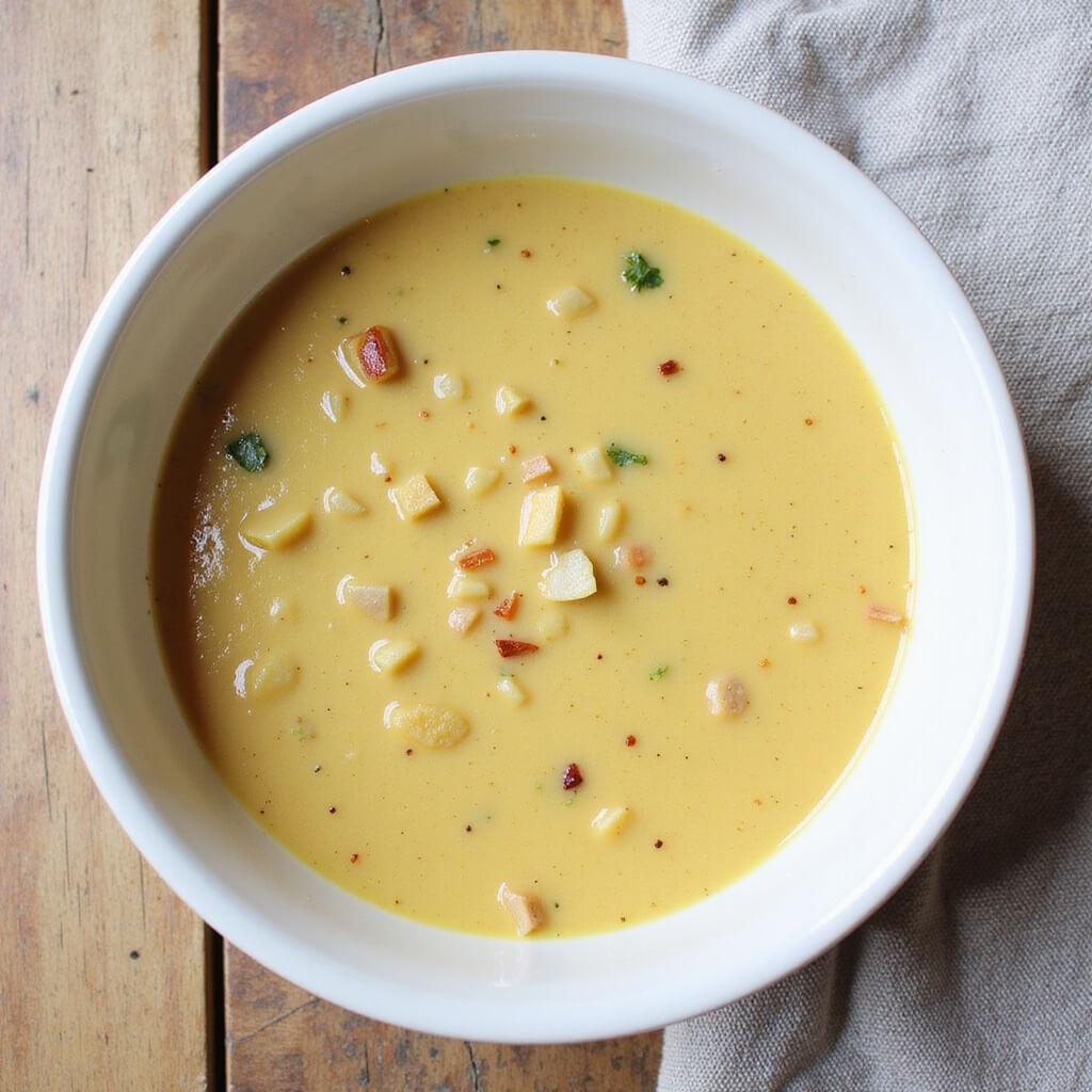 A bowl of creamy coconut daal garnished with fresh herbs and served with a side of bread.