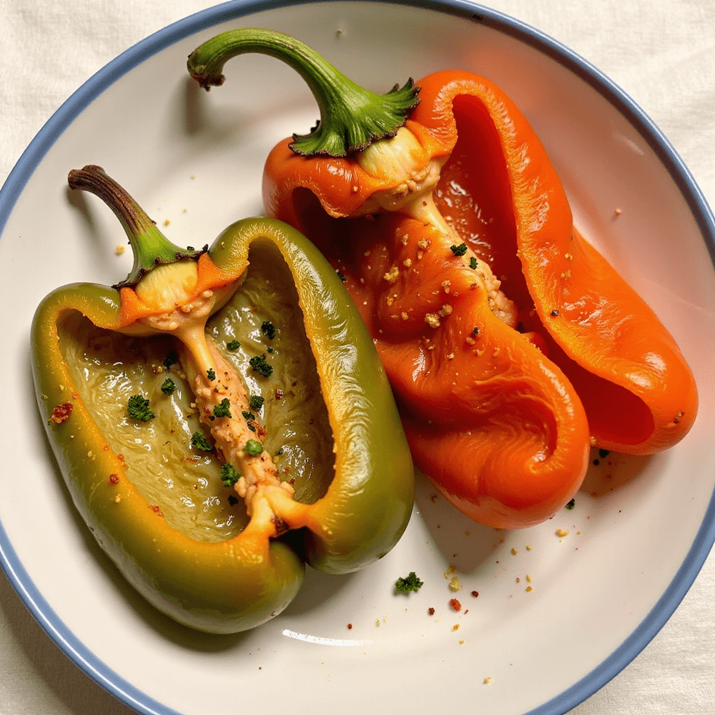 Removing baked peppers from the oven