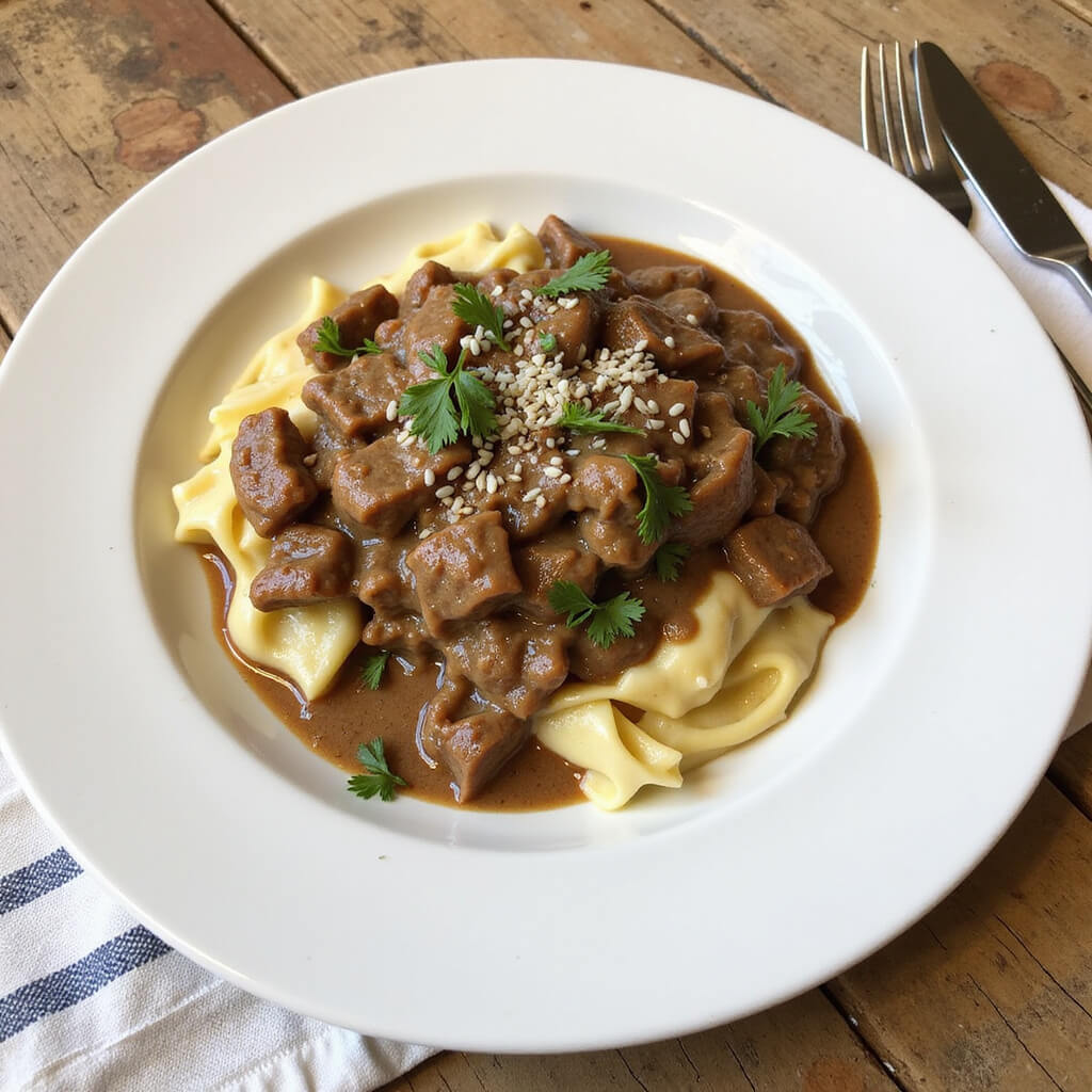Plated vegan stroganoff garnished with herbs.