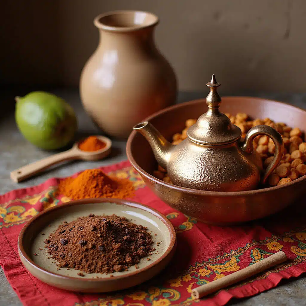 Vibrant Moroccan spice market with assorted colorful spices creating an aromatic scene