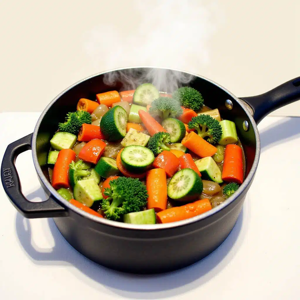 Colorful vegetables simmering in a pot for a party meal