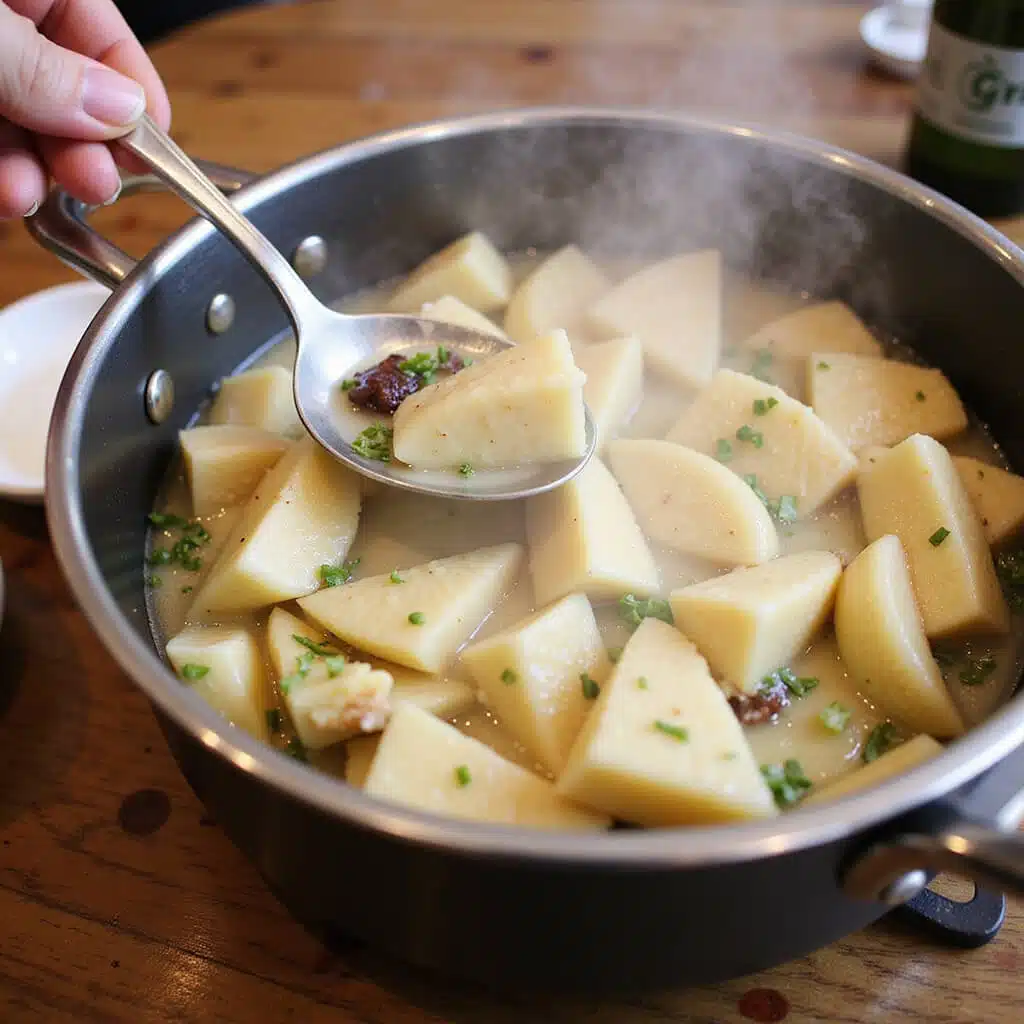 Steaming garnished stew in a bowl for final presentation
