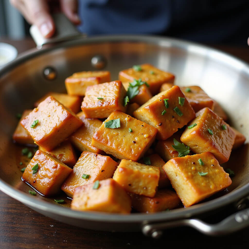 Sizzling golden tofu in a wok