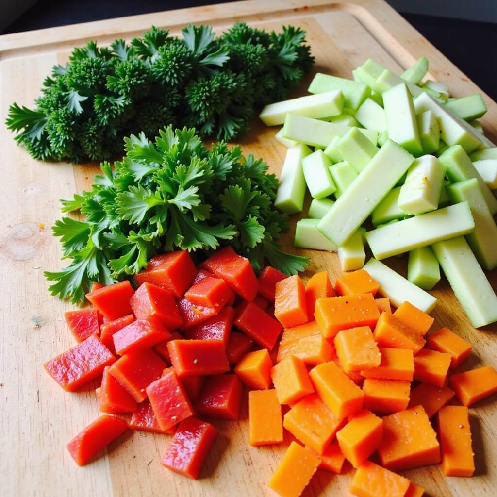 Colorful assortment of fresh vegetables being prepared on a wooden cutting board