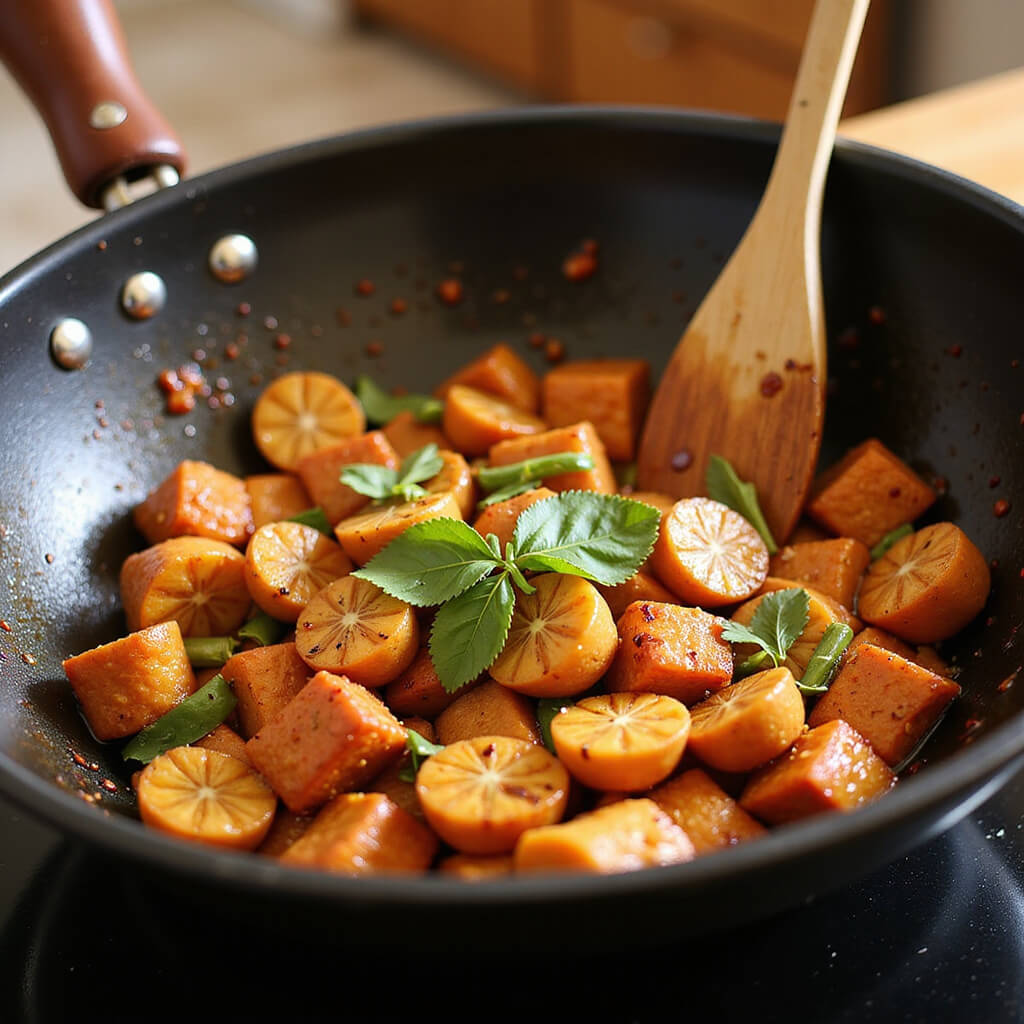Cook preparing stir fry in a sizzling wok