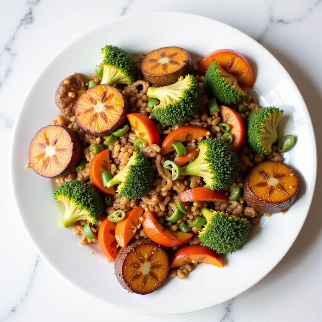 Colorful vegan stir fry dish neatly plated