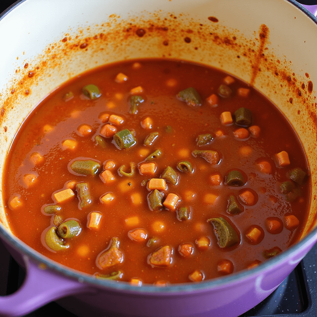 Steaming pot filled with vibrant vegan chili simmering on a stove.