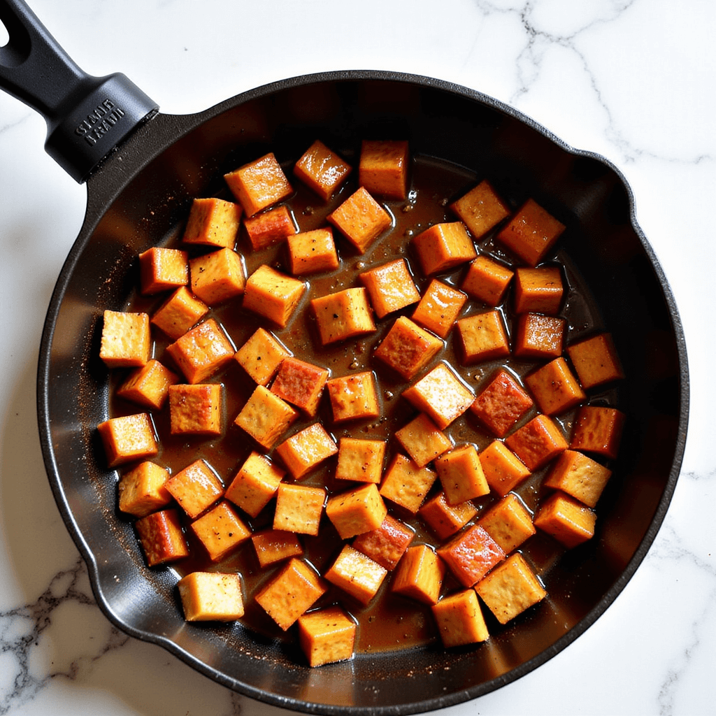 Simmering barbecue jackfruit in a skillet