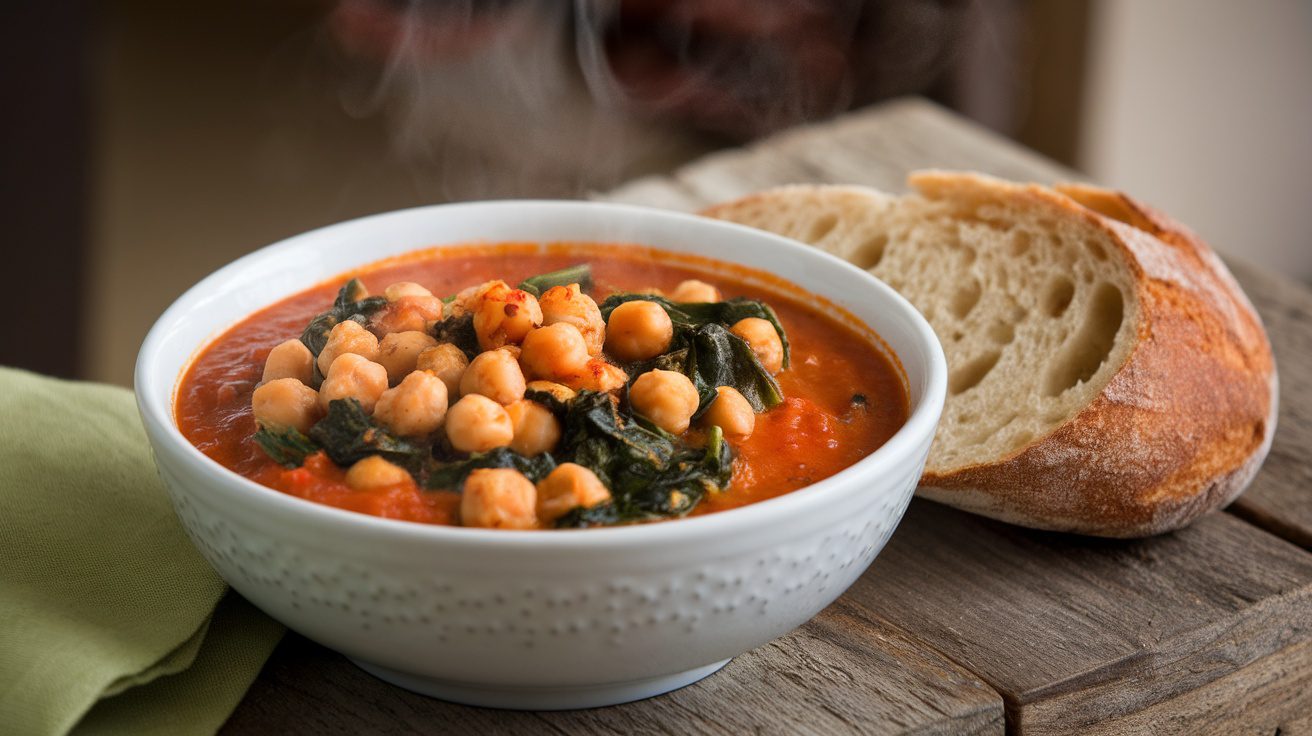A vibrant bowl of Vegan Chickpea and Spinach Stew with chickpeas and spinach, garnished with parsley on a rustic wooden table.