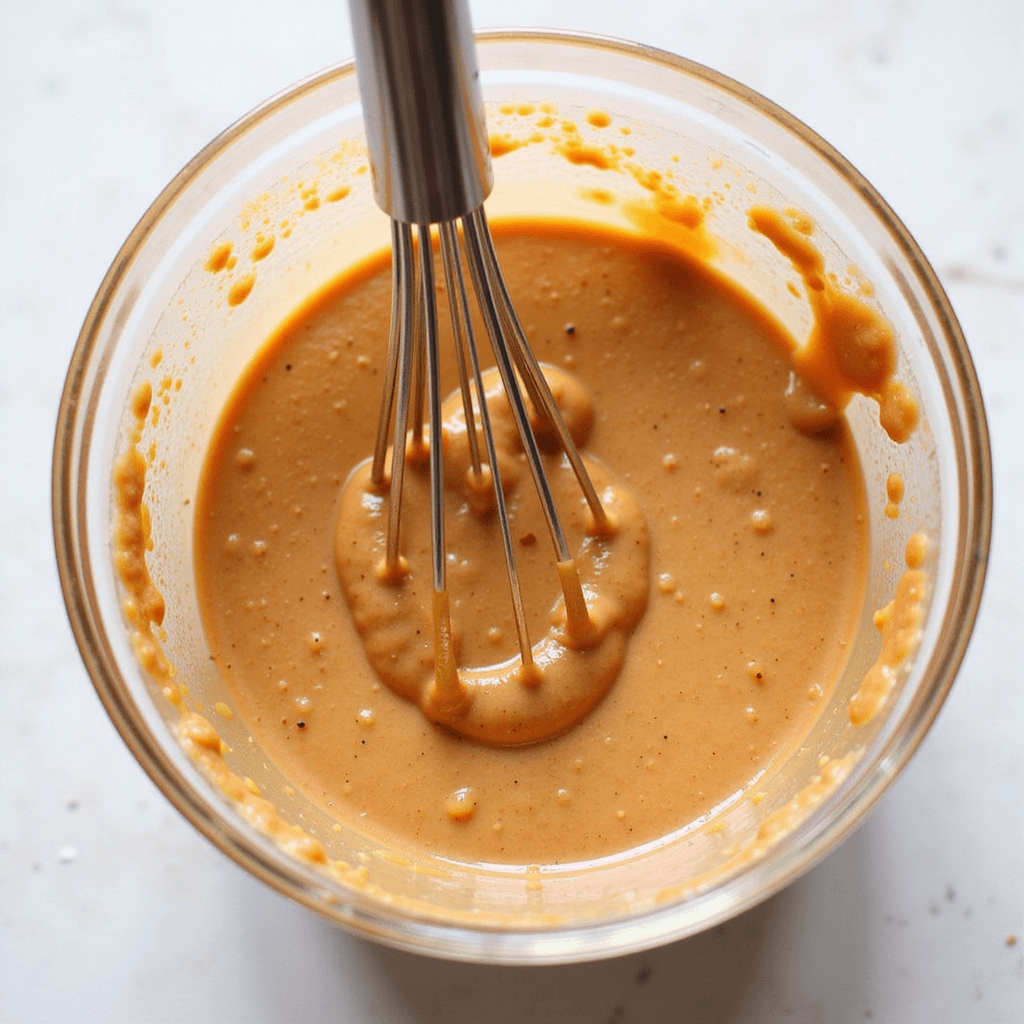 Person whisking aromatic peanut sauce in a bowl