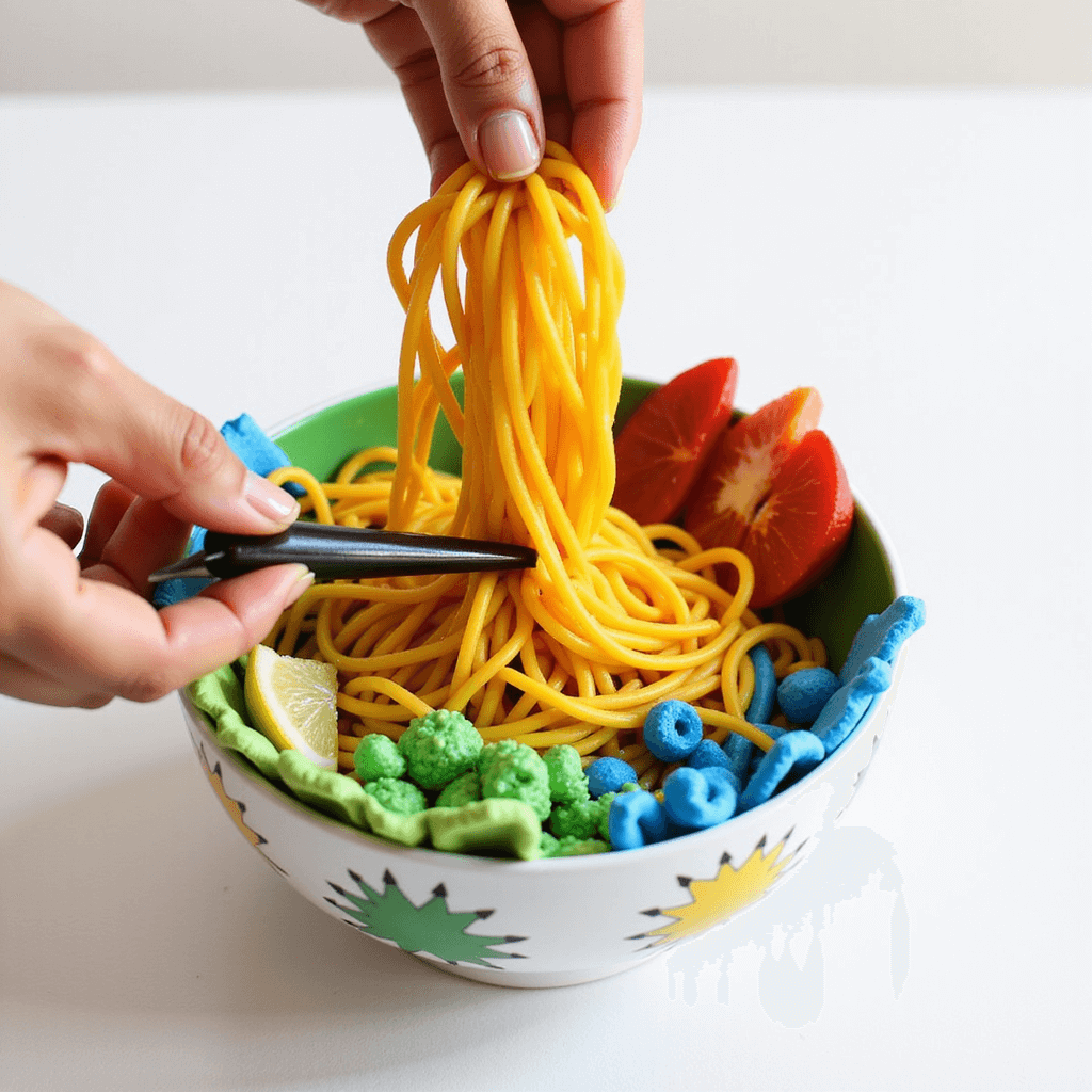 Colorful noodle bowl being assembled with various fresh ingredients