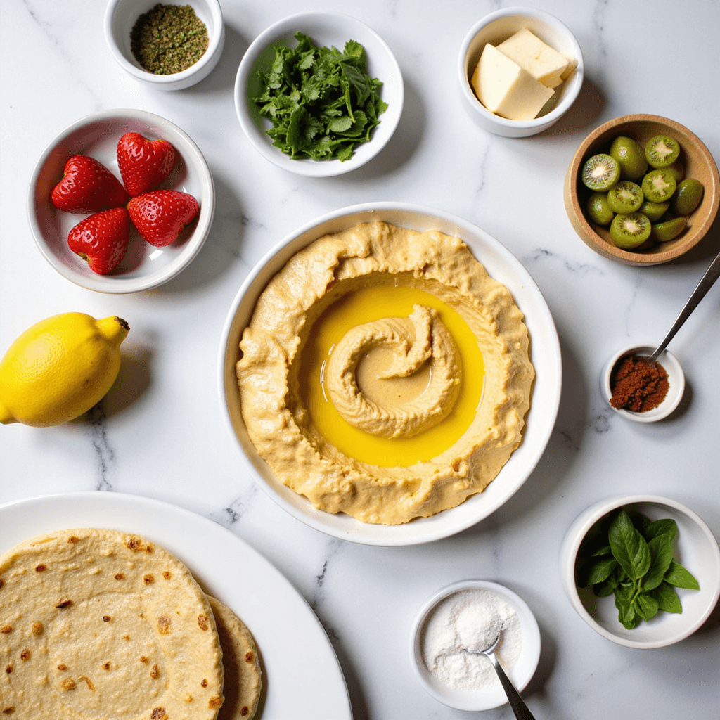 Ingredients for hummus spread on tortilla on a workspace