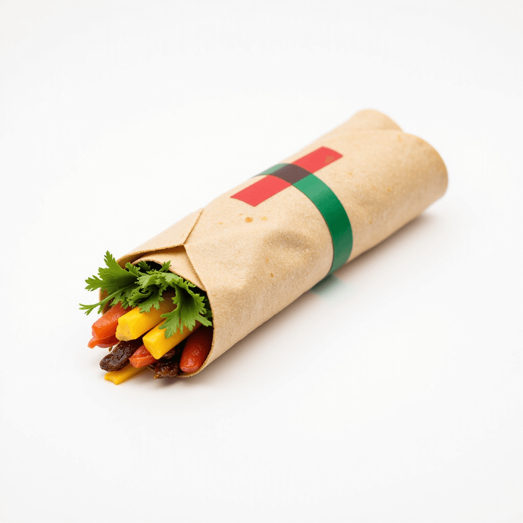 Colorful cross-section of a wrapped, rolled food item.