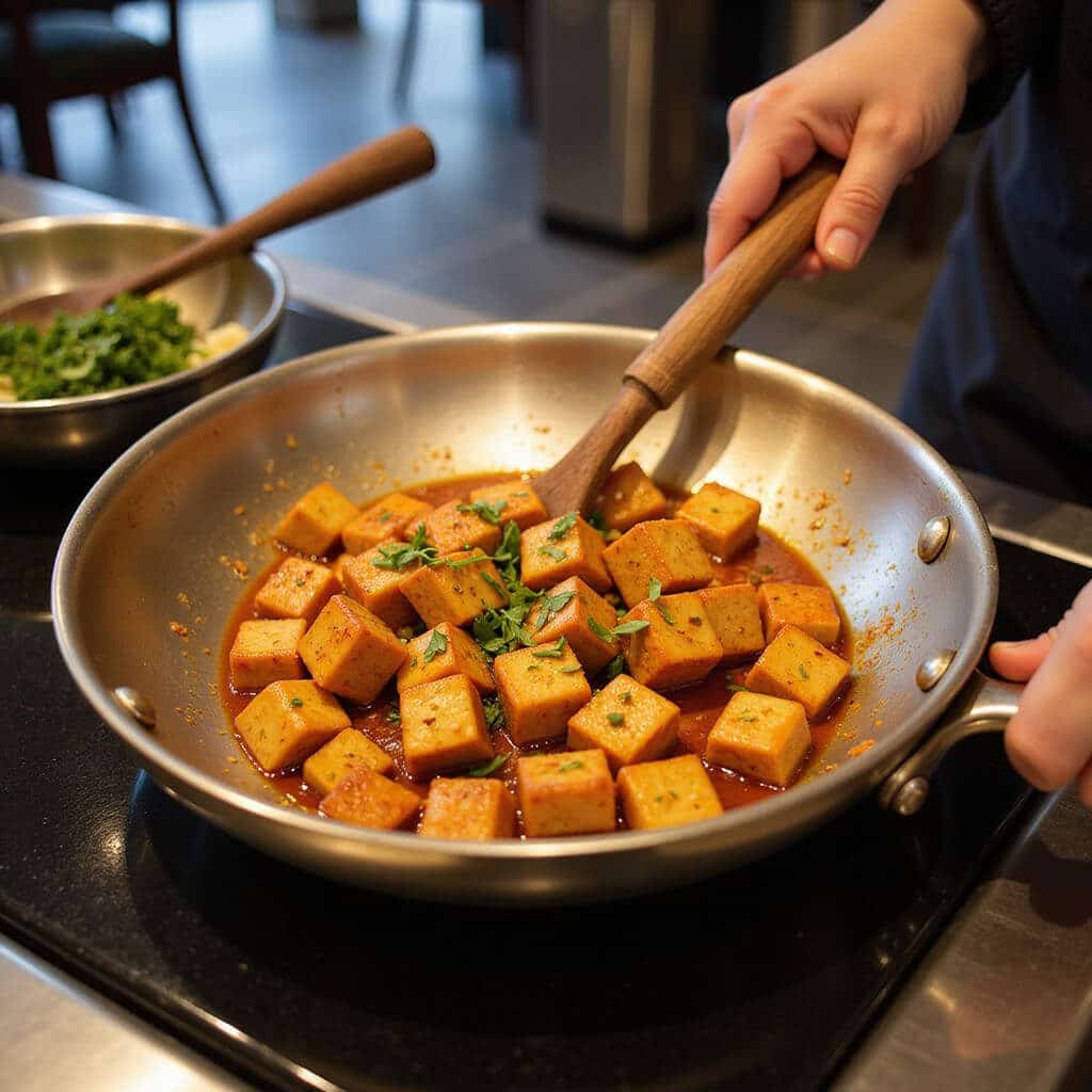 Golden tofu sizzling in a wok