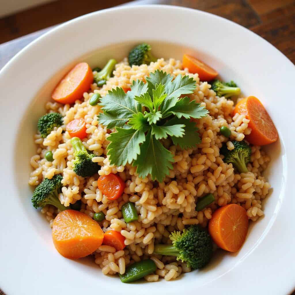 Brightly colored bowl of vibrant vegetable rice fusion