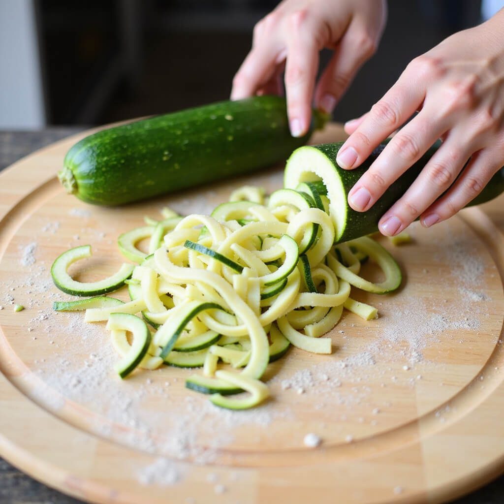 Preparing zucchini noodles in the kitchen
