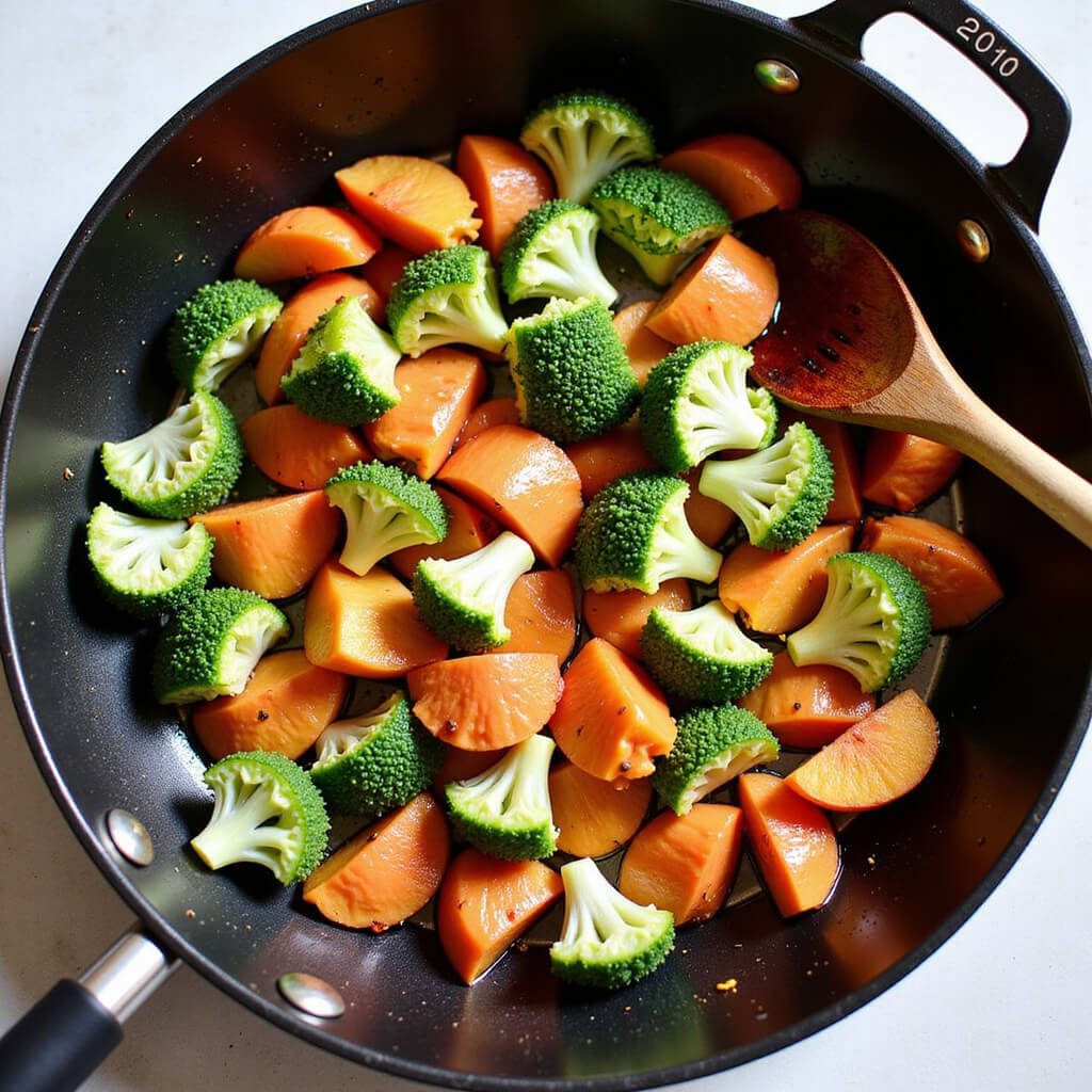 Chef preparing a vibrant vegetable stir fry in a wok