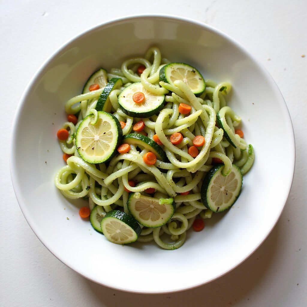 Colorful plated dish of zucchini noodles with various garnishes