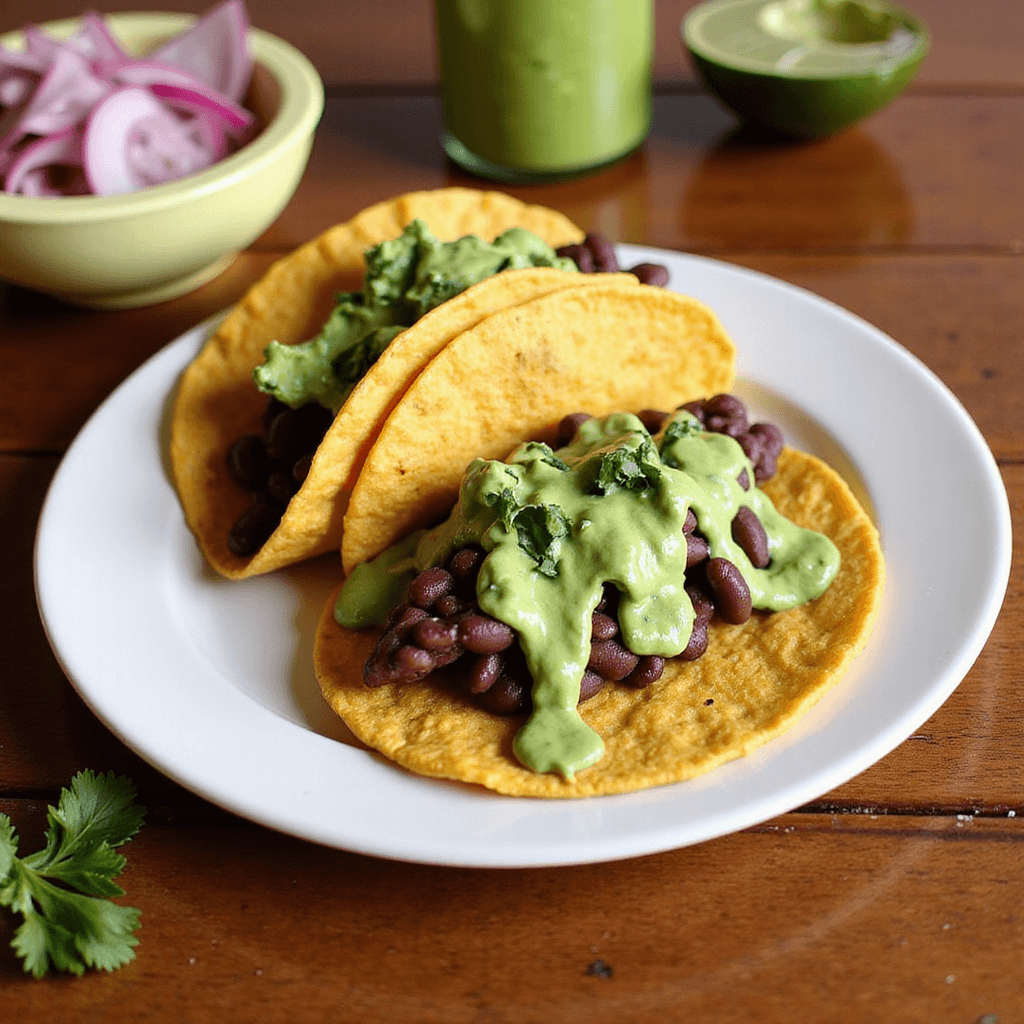 Corn tortillas being filled with mashed black beans and garnished with avocado crema, pickled red onions, and fresh cilantro on a rustic wooden table.