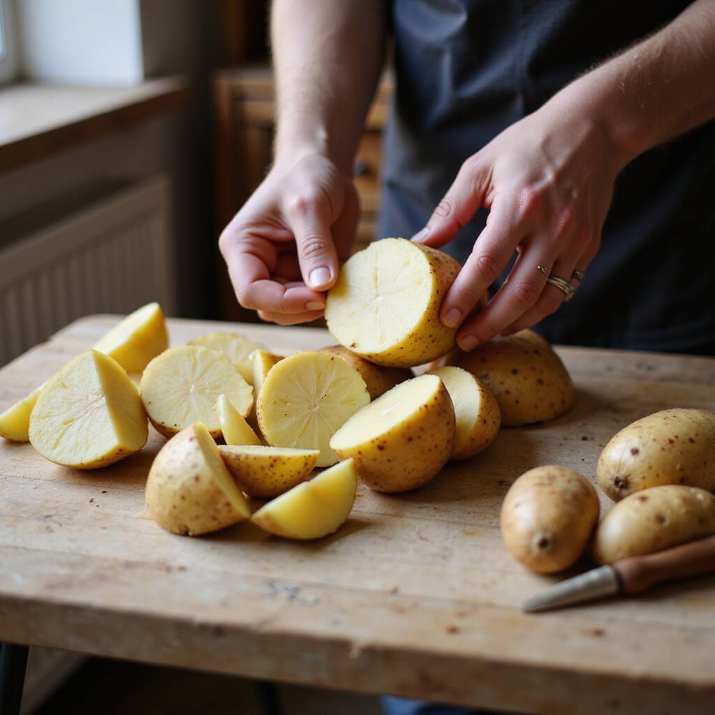 Person preparing potatoes in a rustic kitchen