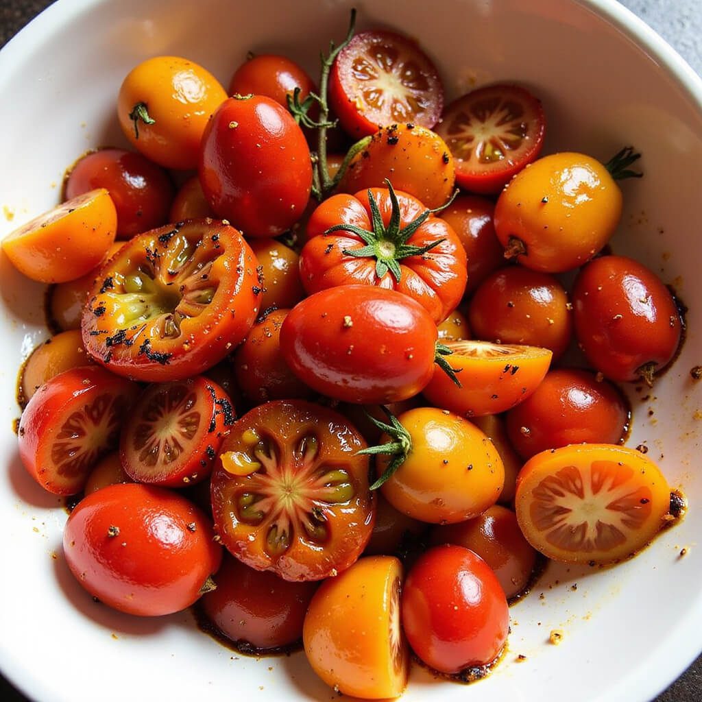 Roasted cherry tomatoes burst open in oven