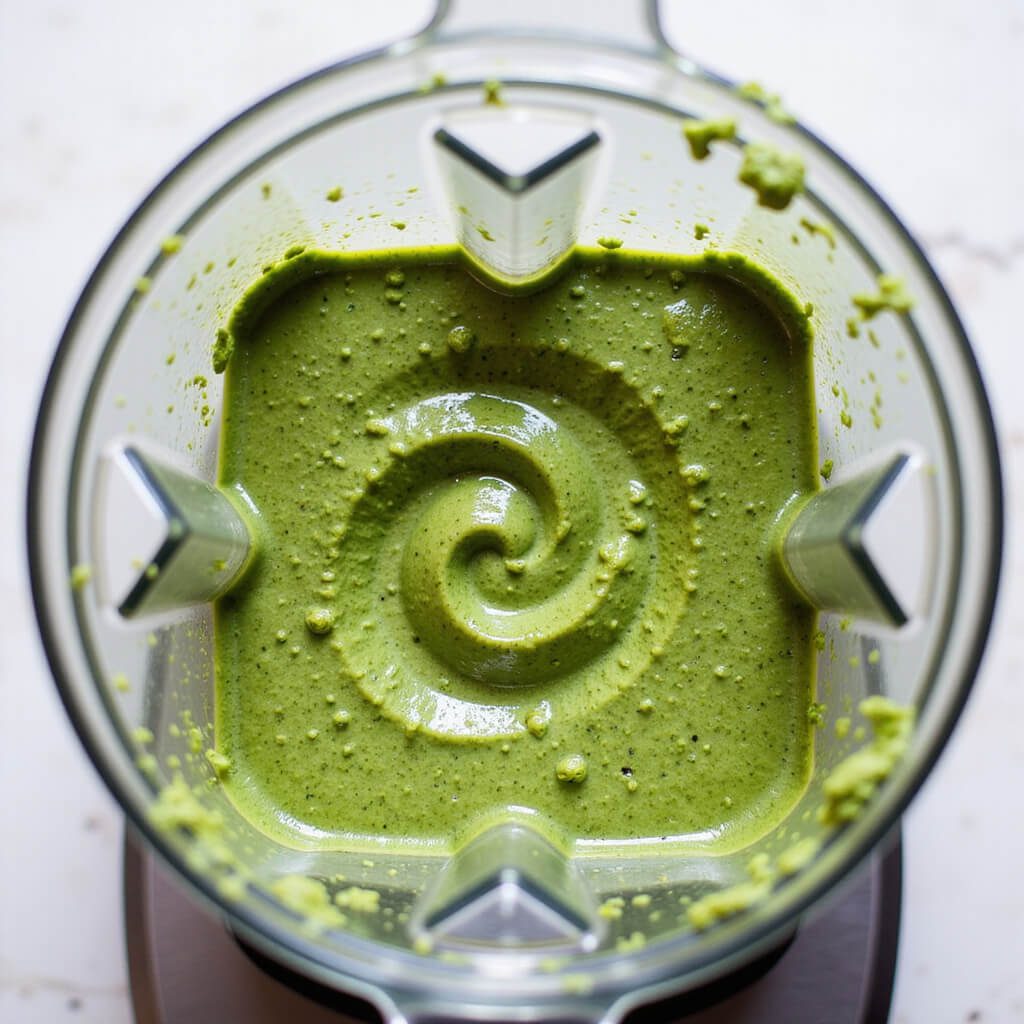 Blending fresh ingredients for vegan pesto in a food processor
