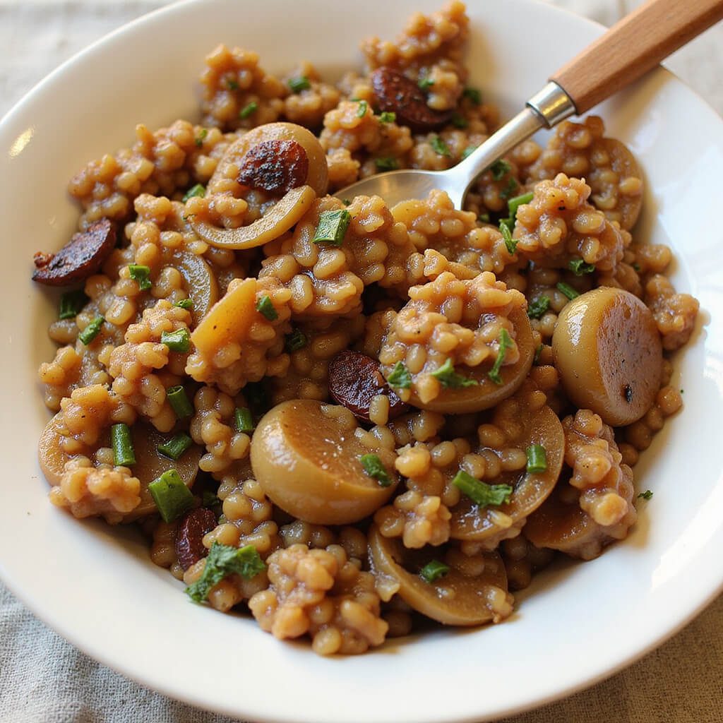Caramelized onion and wild rice filling in a bowl