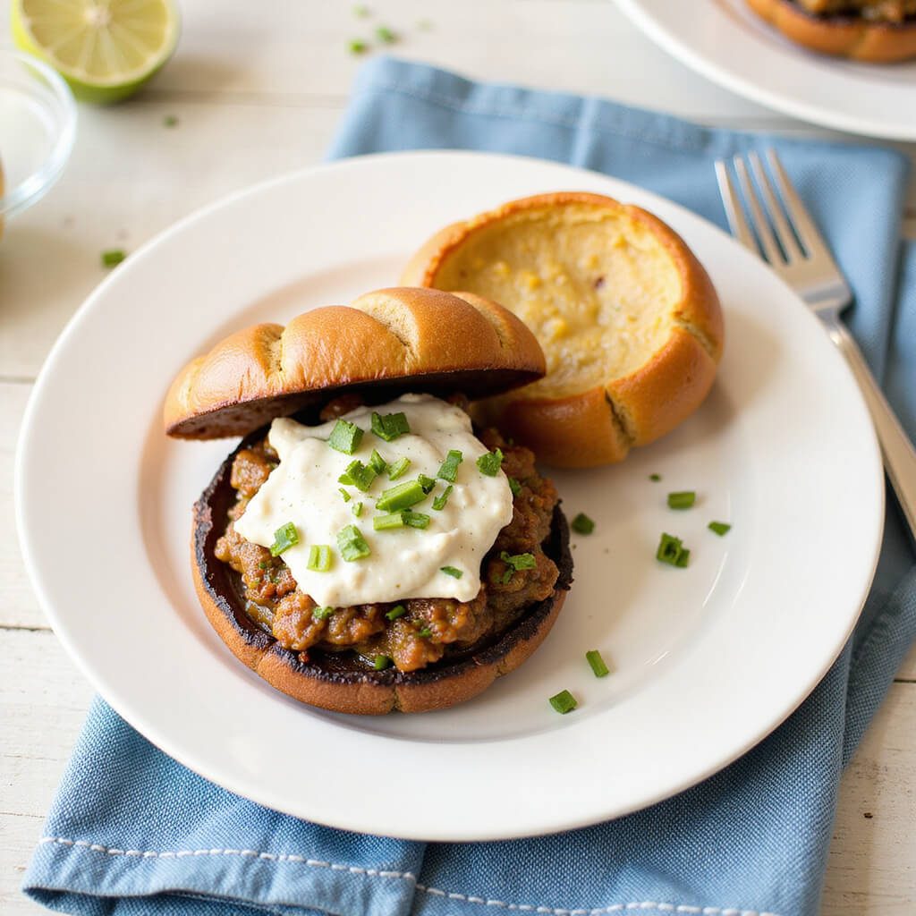 Baked stuffed Portobello mushrooms beautifully plated and garnished