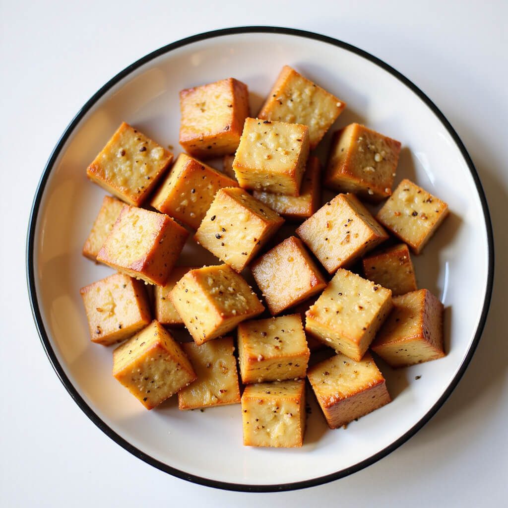 Golden cubes of crispy tofu during preparation