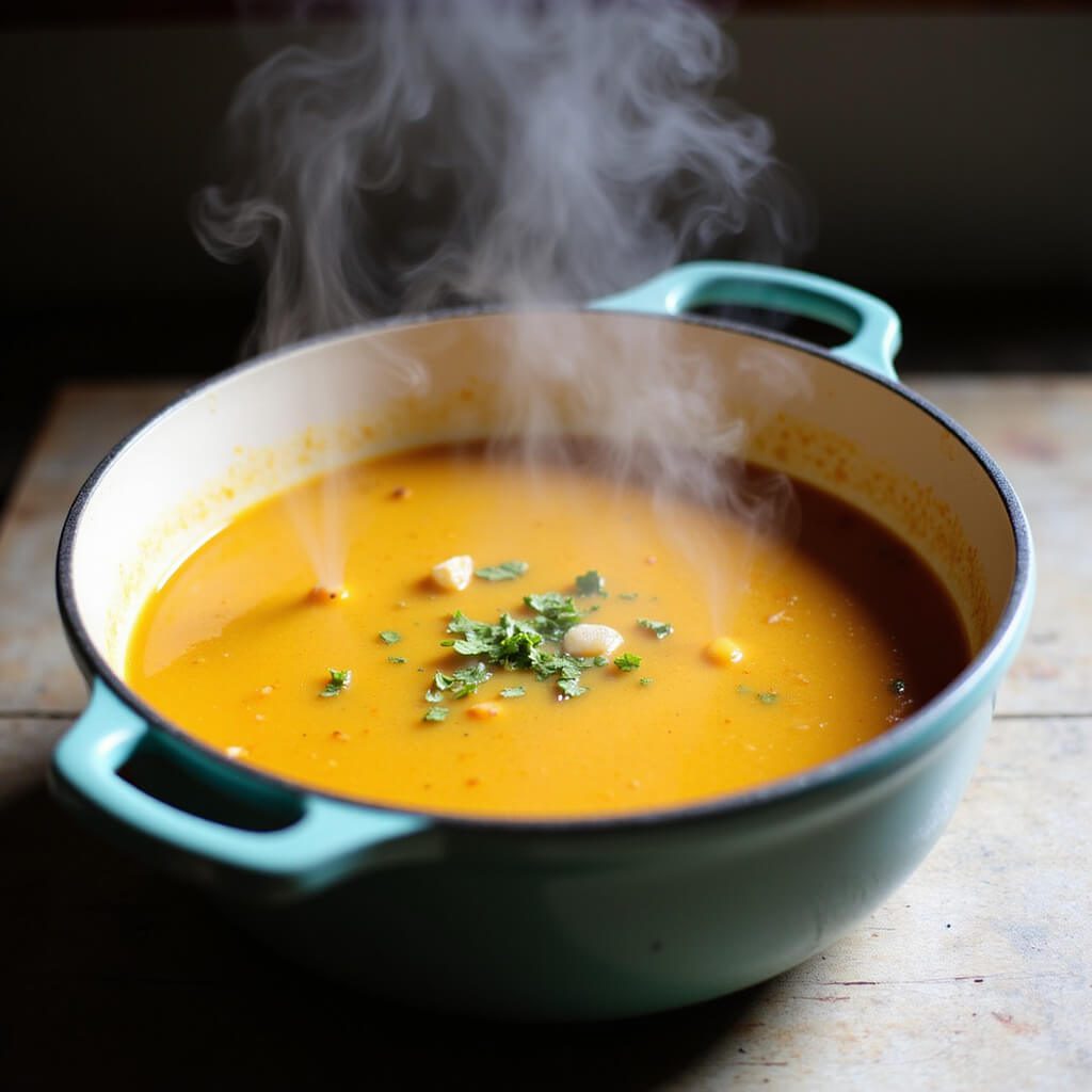 Simmering coconut curry broth with steam rising from the pot