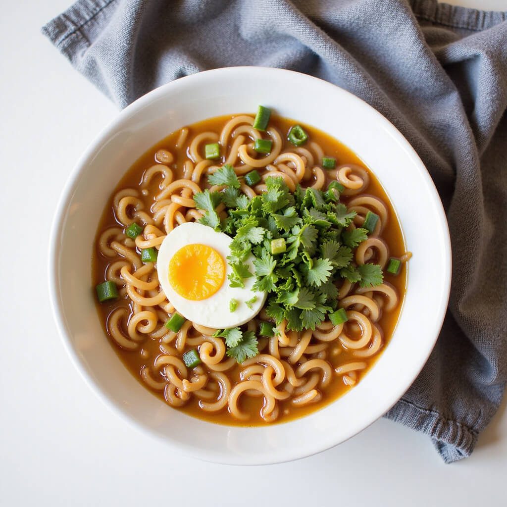 Assembled vegan ramen bowl with various garnishes