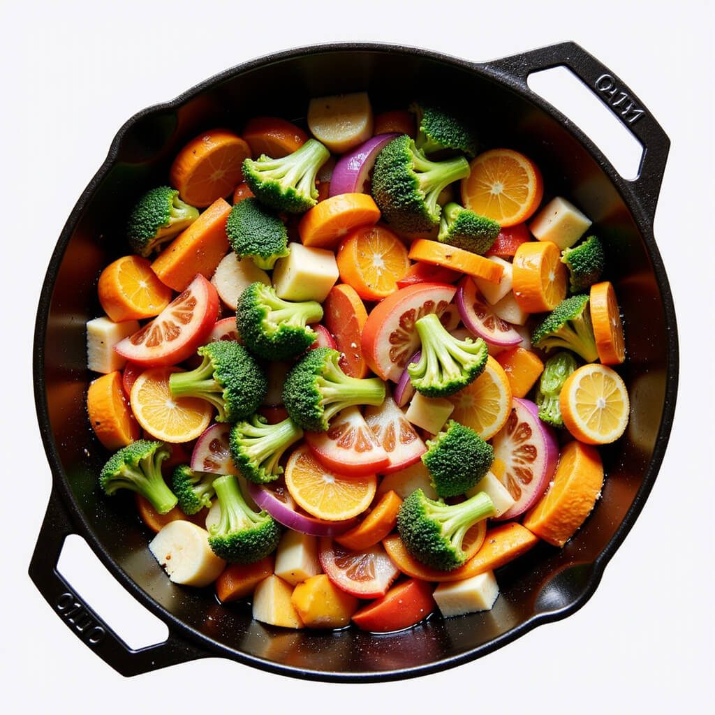 Sautéing colorful vegetables in a skillet
