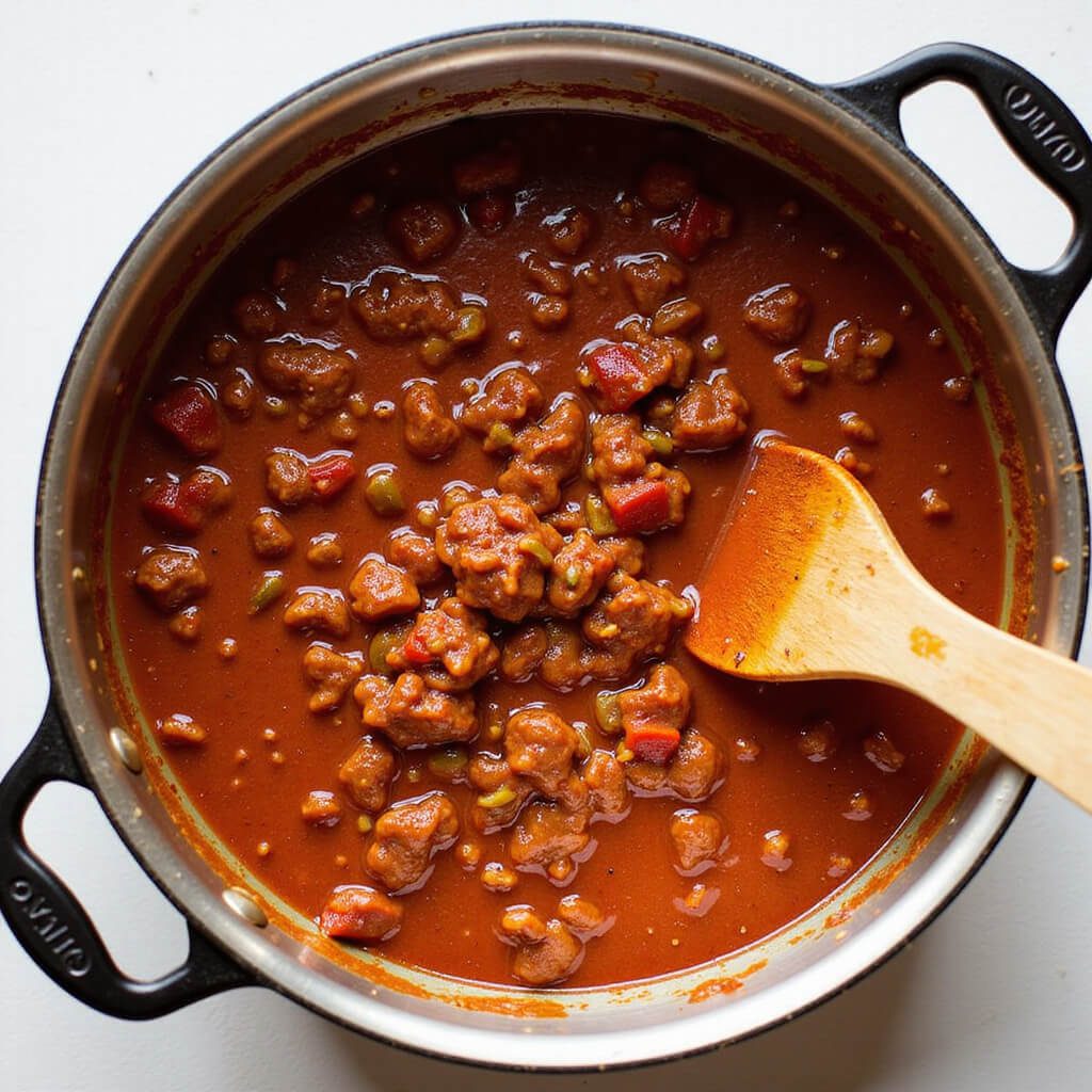 Simmering glossy mixture for sloppy joe in a pan