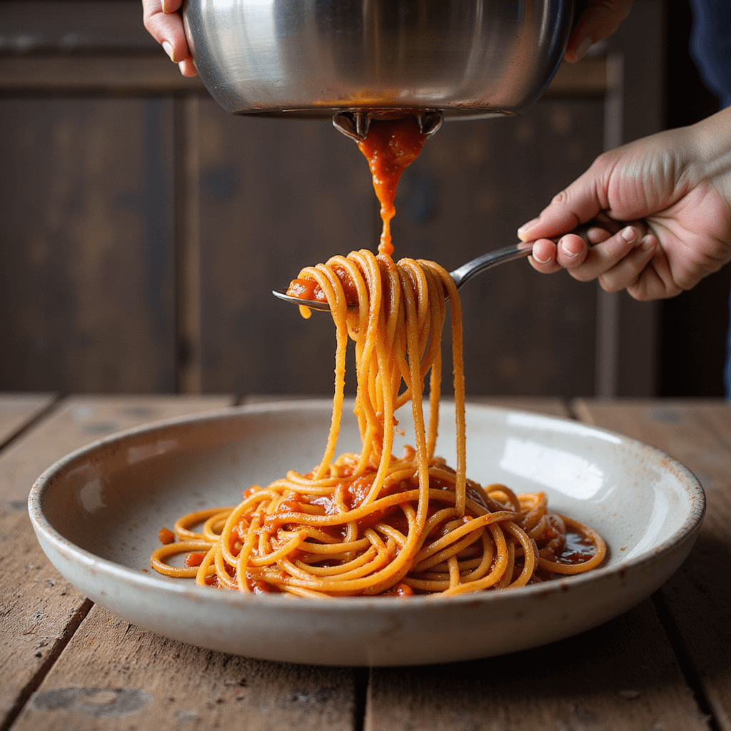 Person tossing spaghetti sauce on pasta at a rustic wooden table
