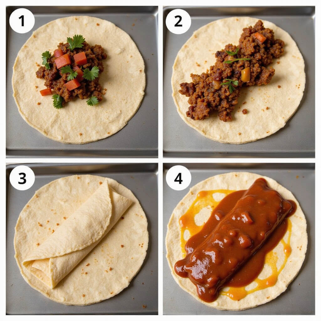 Preparing enchiladas by filling tortillas with sauce