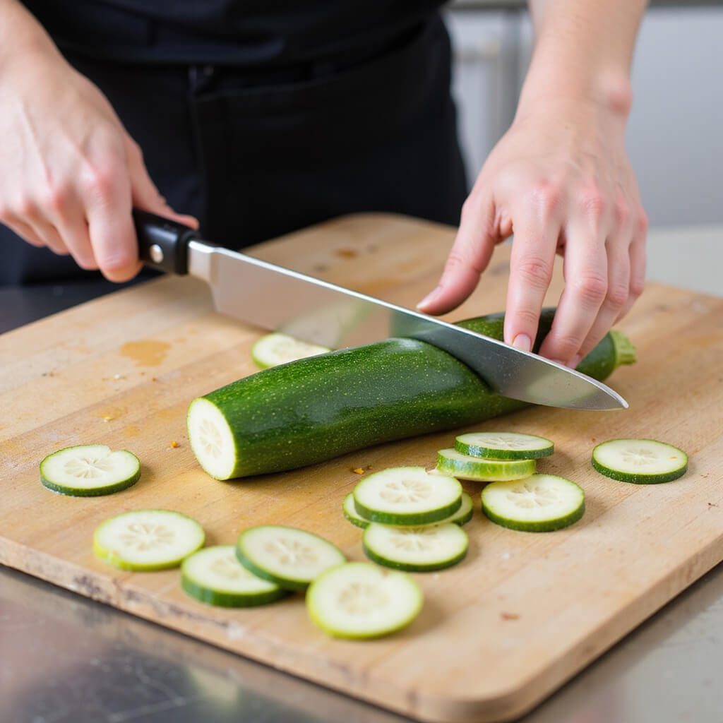 Preparing zucchini in a kitchen scene