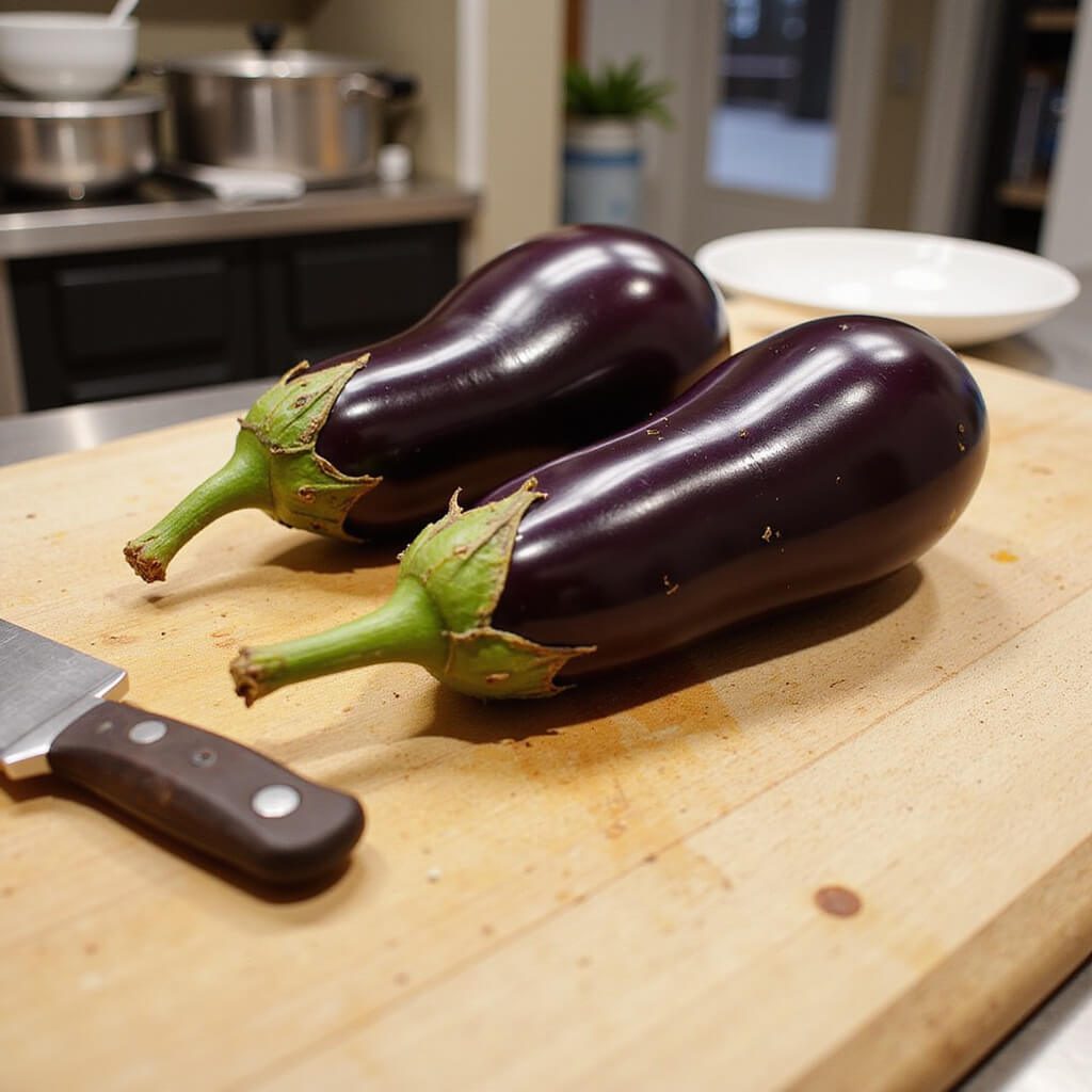 Preparing eggplant in a kitchen setting