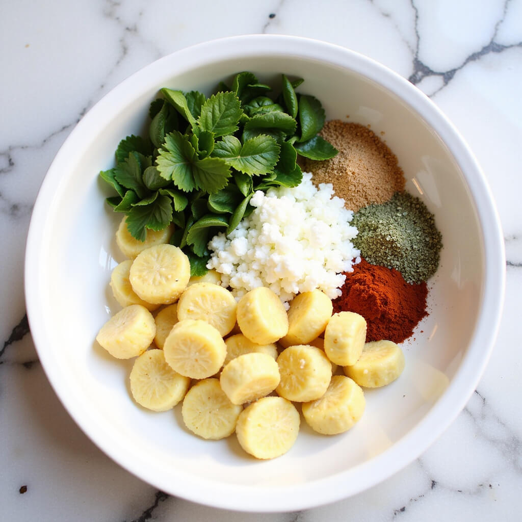 Ingredients required for preparing vegan gnocchi arranged on a kitchen counter