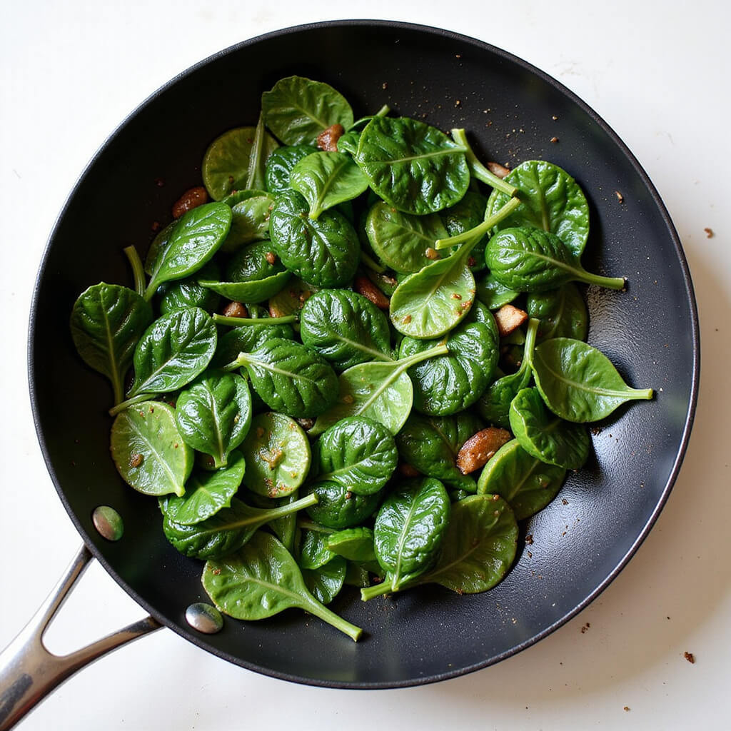 Sauteing golden garlic and fresh spinach in a pan