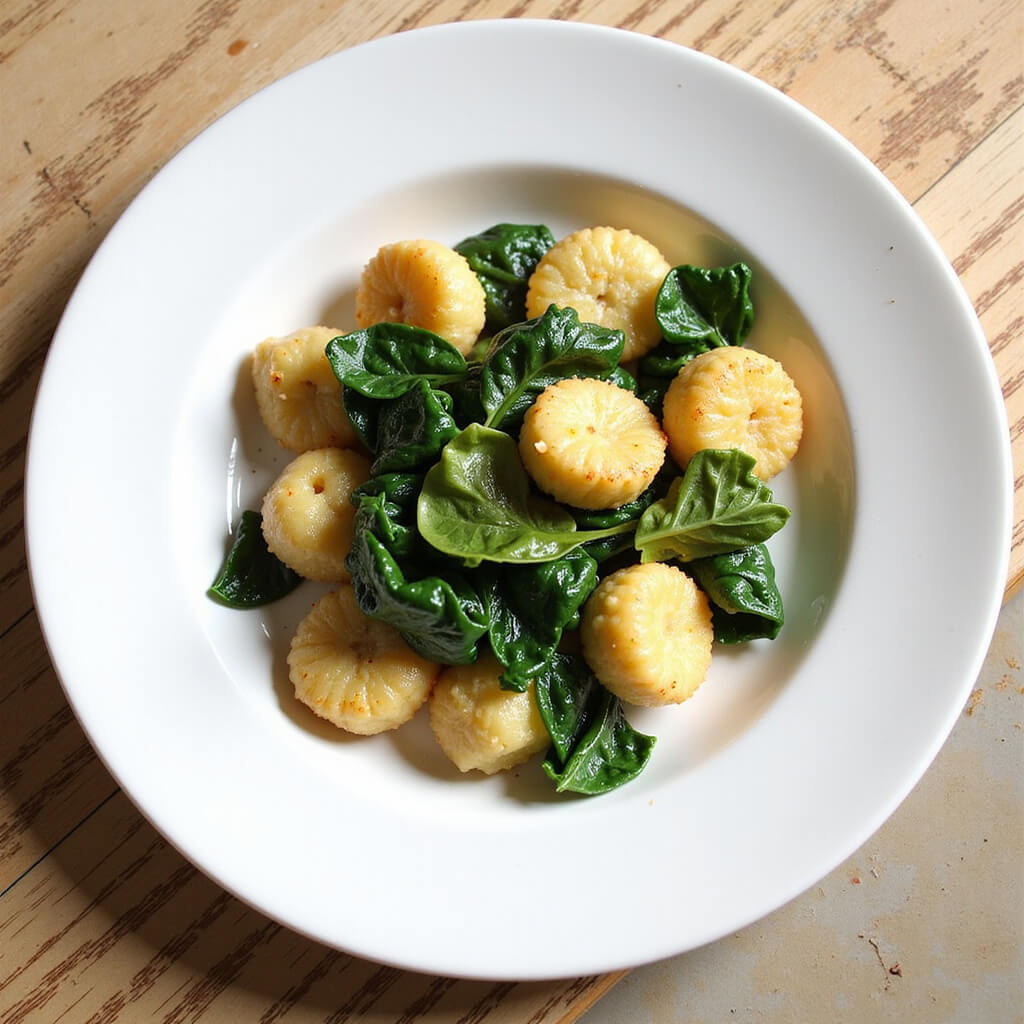 Crispy gnocchi with vibrant spinach beautifully plated