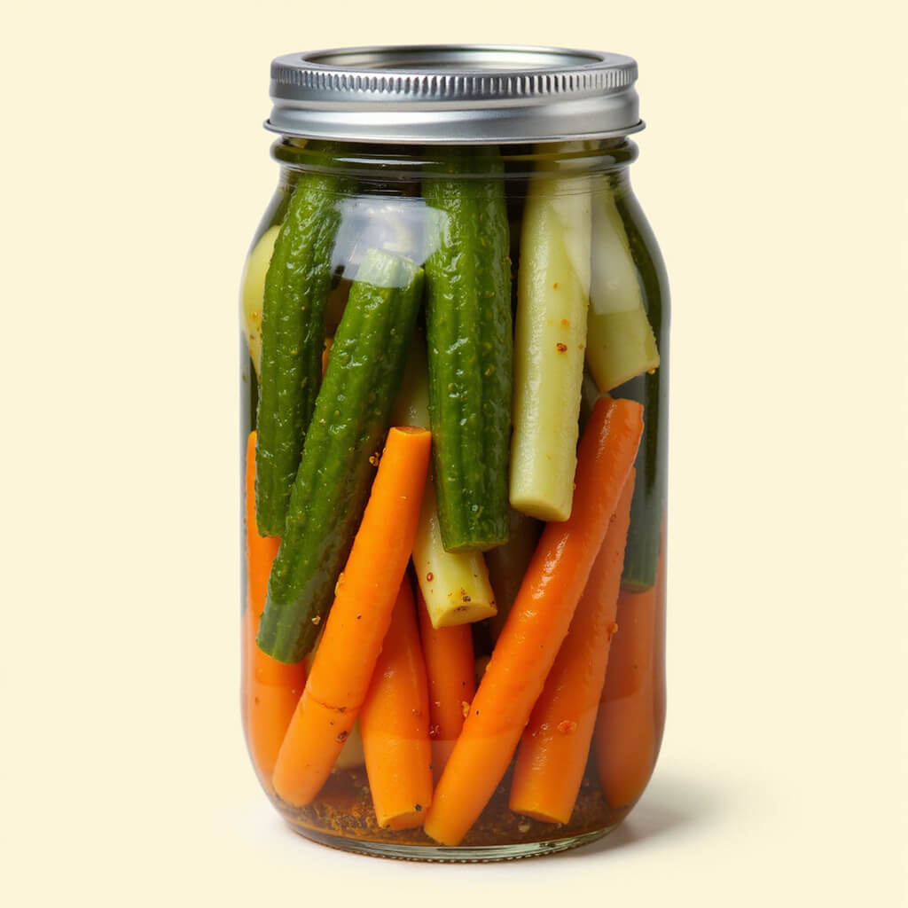 Assorted vibrant pickled vegetables in jars