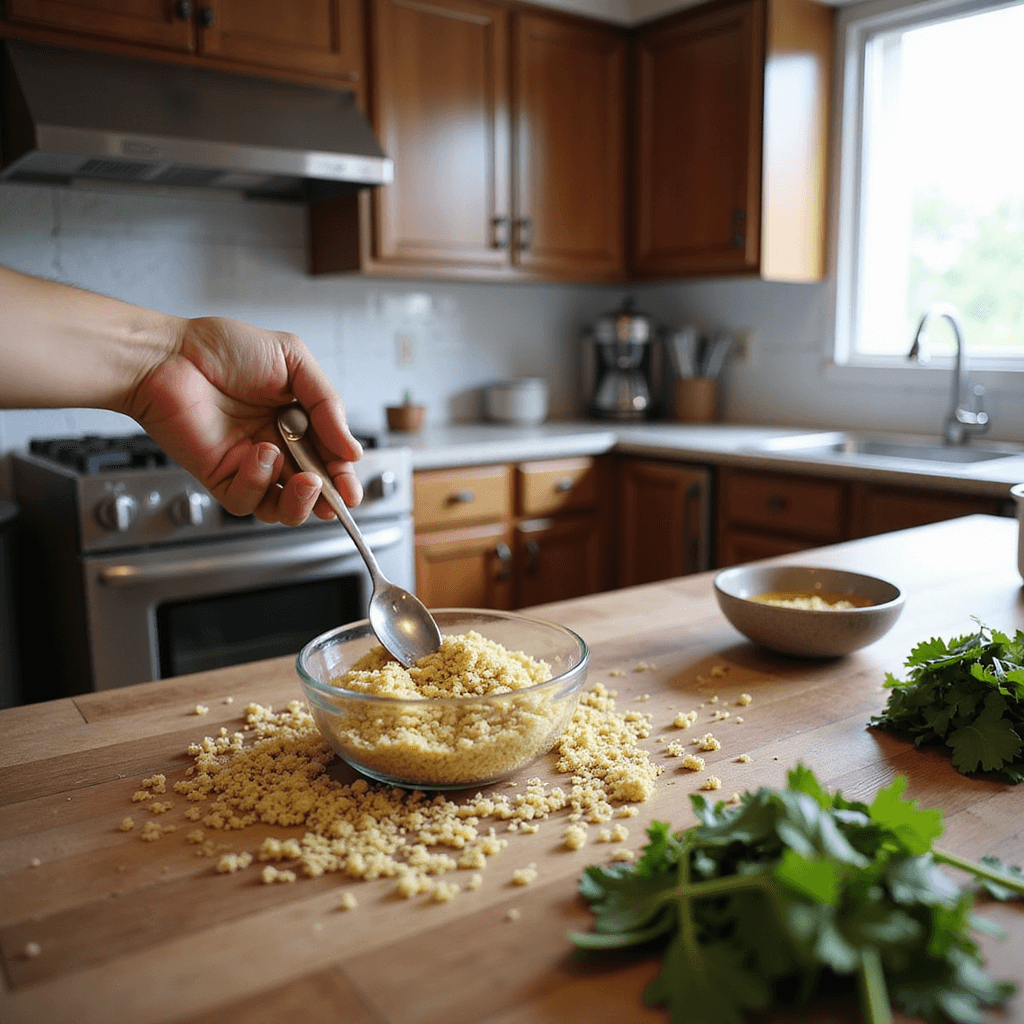 Person cooking quinoa in a kitchen