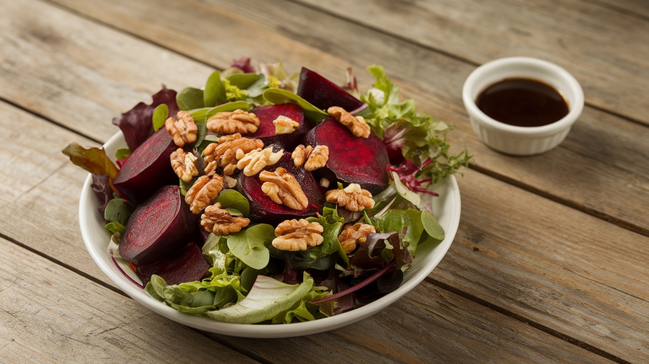 Vegan Roasted Beet and Walnut Salad Vegan Roasted Beet and Walnut Salad with beets, walnuts, and greens on a wooden table.